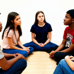**Prompt:** A group of diverse teenagers sitting in a circle with a youth leader, engaged in active listening during a workshop. The scene is warm and inviting, emphasizing empathy and connection. Focus on the body language and facial expressions that convey understanding and respect. Background subtly includes elements representing different cultures to signify intercultural understanding.