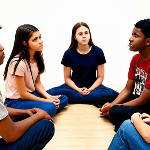 Home 19 **Prompt:** A group of diverse teenagers sitting in a circle with a youth leader, engaged in active listening during a workshop. The scene is warm and inviting, emphasizing empathy and connection. Focus on the body language and facial expressions that convey understanding and respect. Background subtly includes elements representing different cultures to signify intercultural understanding.