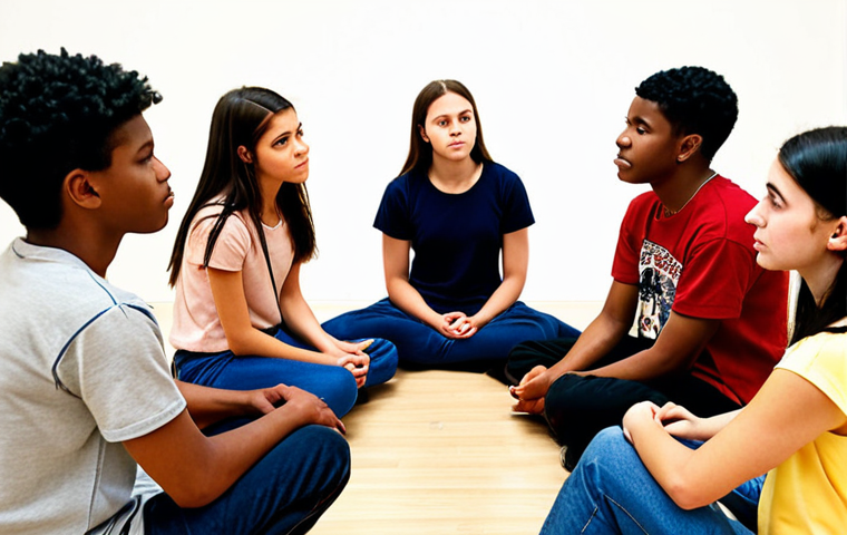 **Prompt:** A group of diverse teenagers sitting in a circle with a youth leader, engaged in active listening during a workshop. The scene is warm and inviting, emphasizing empathy and connection. Focus on the body language and facial expressions that convey understanding and respect. Background subtly includes elements representing different cultures to signify intercultural understanding.