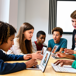 A diverse group of young people participating in an interactive workshop on digital literacy, led by youth workers. Focus on themes like identifying fake news and responsible social media use. The scene should be vibrant and engaging, reflecting the dynamic nature of Jugendarbeit.