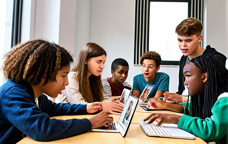 A diverse group of young people participating in an interactive workshop on digital literacy, led by youth workers. Focus on themes like identifying fake news and responsible social media use. The scene should be vibrant and engaging, reflecting the dynamic nature of Jugendarbeit.