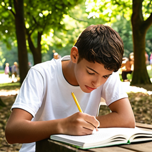 Home 17 **
A youth leader thoughtfully writing in a journal outdoors in a park, surrounded by lush greenery. Sunlight filters through the leaves. The leader's face shows a mix of reflection and determination. In the background, blurred figures of young people can be seen engaging in activities. Focus on conveying introspection and the connection between self-reflection and positive youth engagement.
**