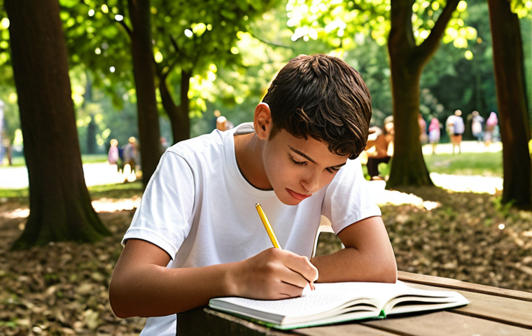 **
A youth leader thoughtfully writing in a journal outdoors in a park, surrounded by lush greenery. Sunlight filters through the leaves. The leader's face shows a mix of reflection and determination. In the background, blurred figures of young people can be seen engaging in activities. Focus on conveying introspection and the connection between self-reflection and positive youth engagement.
**