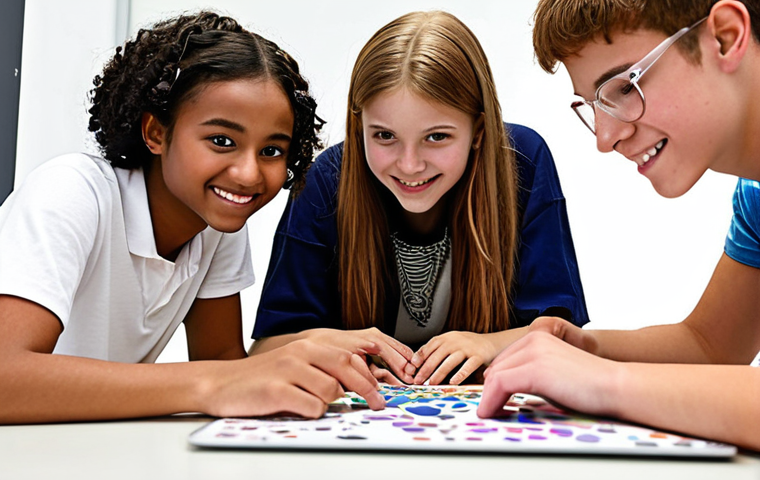 **
A diverse group of teenagers engaged in a collaborative project, led by a youth worker, showcasing teamwork, creativity, and positive interaction. Focus on a bright, welcoming environment with laptops and art supplies visible.
**