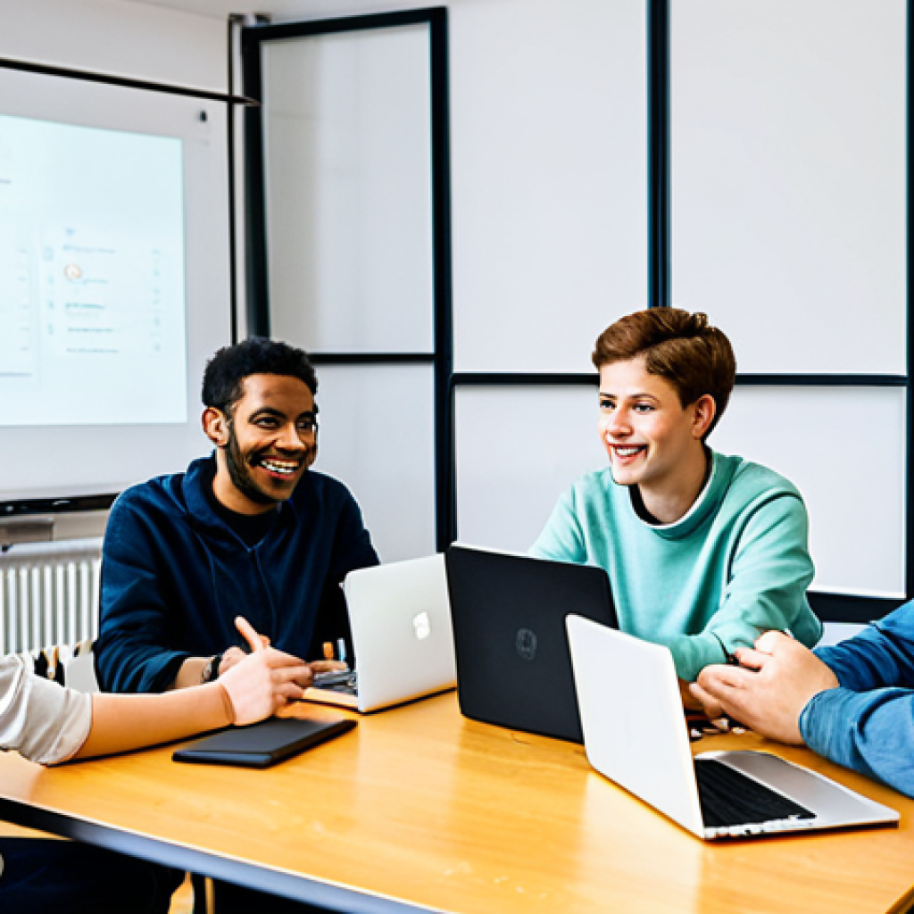 **

A group of young adults, fully clothed in casual and modern attire, participating in a workshop on digital media literacy in a brightly lit community center in Berlin. The scene includes laptops, interactive whiteboards, and diverse participants engaged in discussions. Focus on positive interaction and learning. Safe for work, appropriate content, professional setting, perfect anatomy, natural pose, well-formed hands, proper finger count, natural body proportions, modest clothing, family-friendly.

**