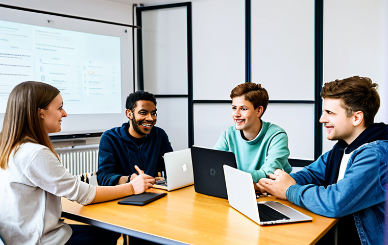 **

A group of young adults, fully clothed in casual and modern attire, participating in a workshop on digital media literacy in a brightly lit community center in Berlin. The scene includes laptops, interactive whiteboards, and diverse participants engaged in discussions. Focus on positive interaction and learning. Safe for work, appropriate content, professional setting, perfect anatomy, natural pose, well-formed hands, proper finger count, natural body proportions, modest clothing, family-friendly.

**