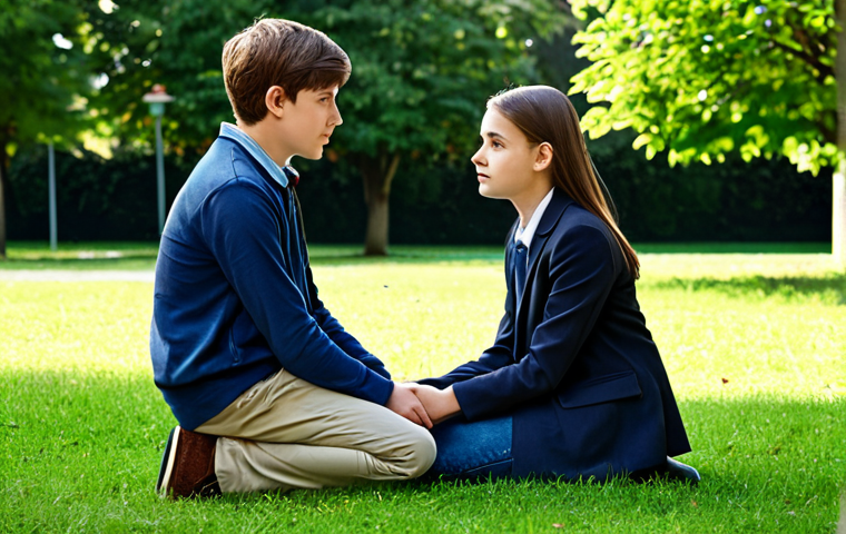 Empathetic Youth Worker**

"A youth worker, fully clothed in casual but professional attire, kneeling to talk to a teenager in a park setting, listening attentively. Safe for work, appropriate content, modest clothing, perfect anatomy, natural proportions, family-friendly."

**