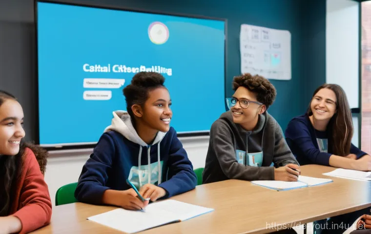 청소년지도사로서의 온라인 플랫폼 활용 - **Prompt 1: Collaborative Digital Citizenship Workshop for Teens**
    "A vibrant, eye-level shot of...