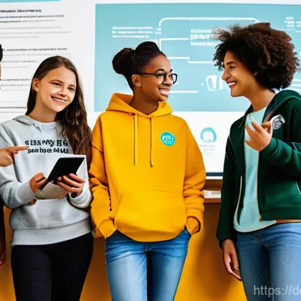 청소년지도사와 청소년 미디어 교육 사례 - **Prompt:** A diverse group of four teenagers (two boys, two girls, all wearing stylish, age-appropr...