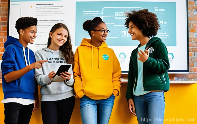 청소년지도사와 청소년 미디어 교육 사례 - **Prompt:** A diverse group of four teenagers (two boys, two girls, all wearing stylish, age-appropr...