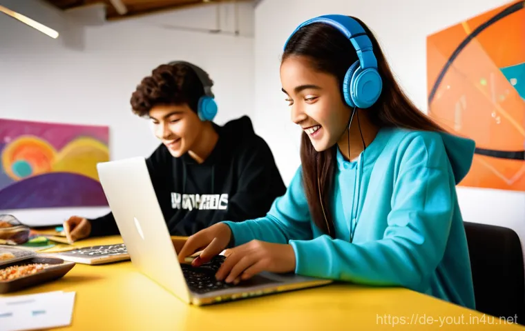 청소년지도사와 청소년 미디어 교육 사례 - **Prompt:** A diverse group of four teenagers (two boys, two girls, all wearing stylish, age-appropr...