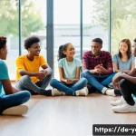 청소년지도사와 청소년 문제 해결 사례 - A warm and inviting youth counseling session scene in a modern community center, featuring a diverse...