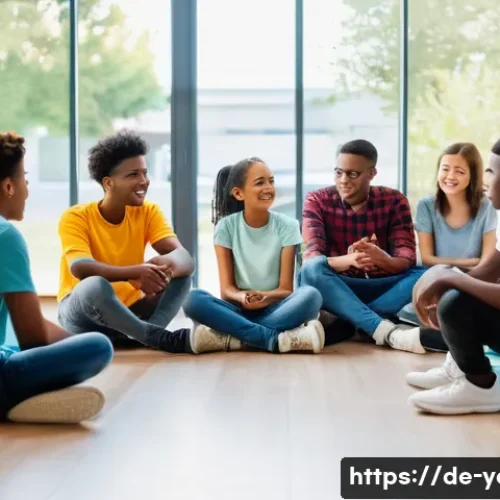 청소년지도사와 청소년 문제 해결 사례 - A warm and inviting youth counseling session scene in a modern community center, featuring a diverse...