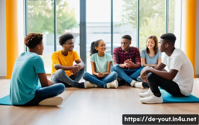 청소년지도사와 청소년 문제 해결 사례 - A warm and inviting youth counseling session scene in a modern community center, featuring a diverse...