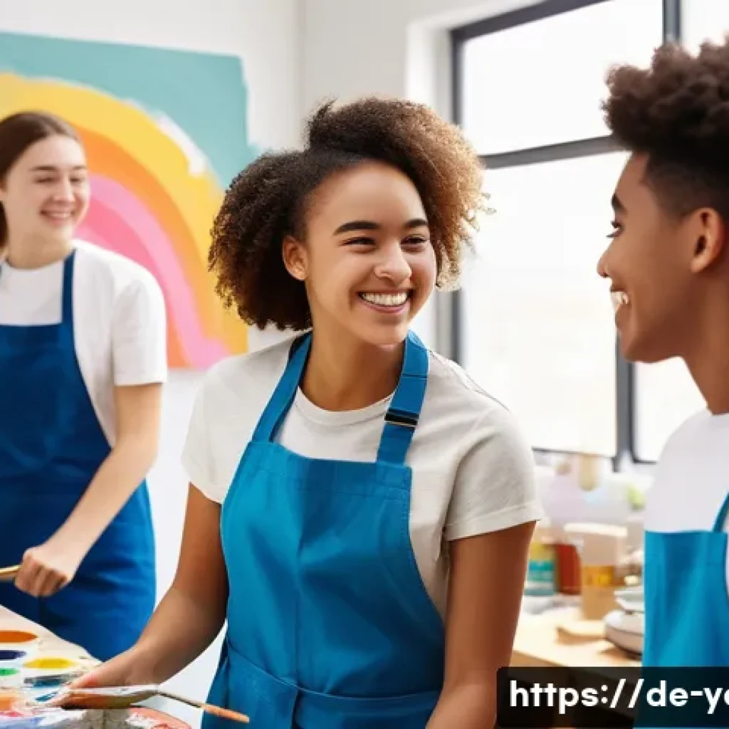 청소년지도사와 청소년 창작 활동 지원 - A diverse group of teenagers in a bright, modern art studio, wearing casual clothes and some with li...