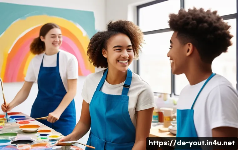 청소년지도사와 청소년 창작 활동 지원 - A diverse group of teenagers in a bright, modern art studio, wearing casual clothes and some with li...