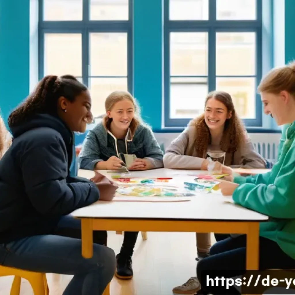 청소년지도사로서의 업무 개선 아이디어 - A diverse group of German teenagers in a modern youth center, engaged in a creative workshop with pa...
