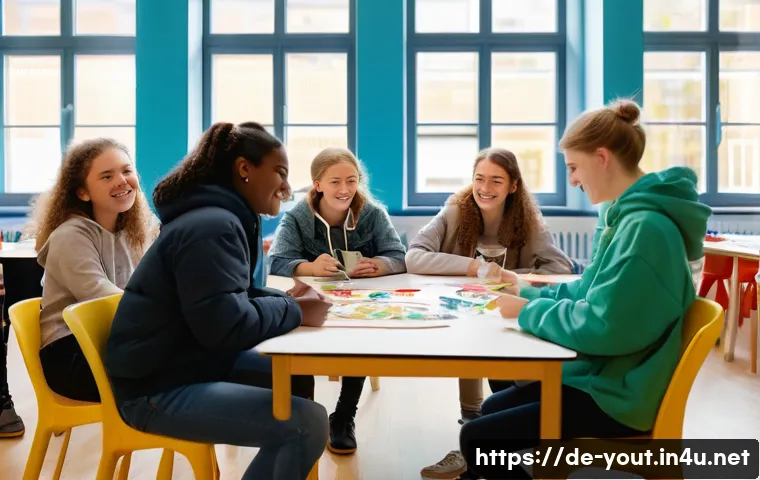 청소년지도사로서의 업무 개선 아이디어 - A diverse group of German teenagers in a modern youth center, engaged in a creative workshop with pa...