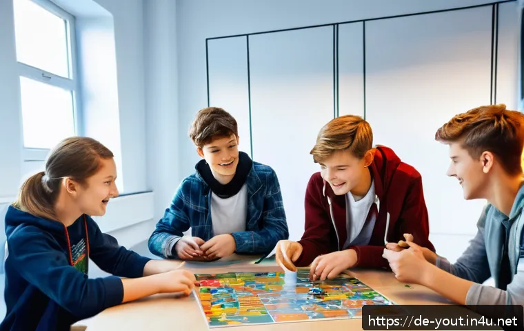 청소년지도사와 청소년의 창의적 문제 해결 방안 - A vibrant youth group engaged in a collaborative escape room challenge inside a modern, well-lit cla...