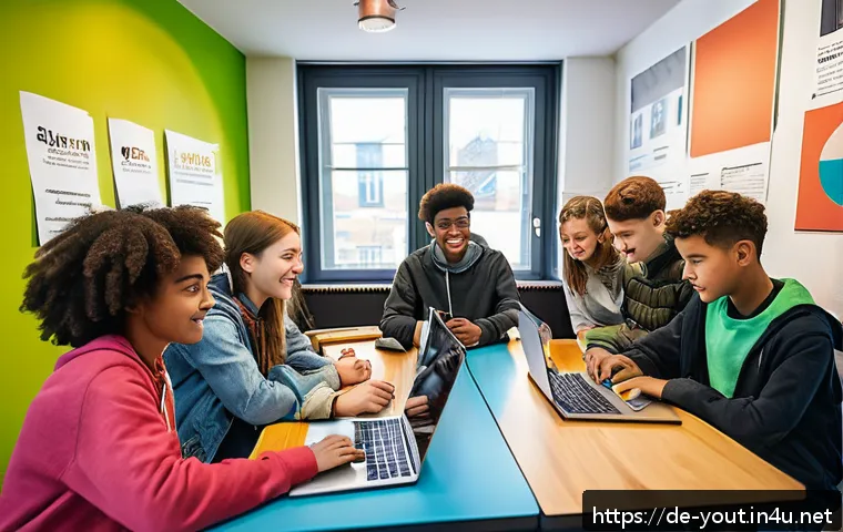 청소년지도사로서의 경력 설계 - A vibrant community youth center scene in Germany, showing diverse teenagers engaged in a creative w...