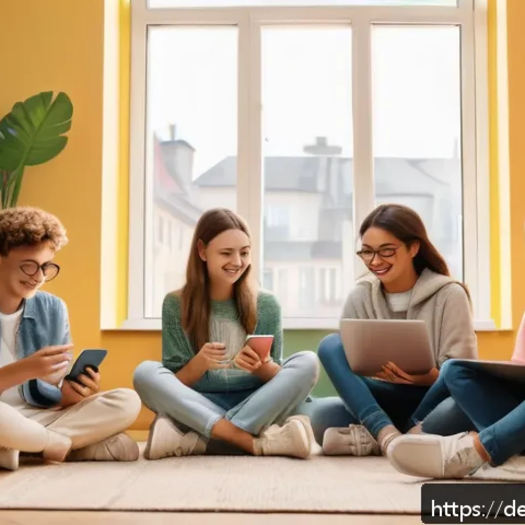 청소년지도사와 비대면 청소년 상담 사례 - A modern digital youth counseling scene showing a diverse group of teenagers engaging with various o...