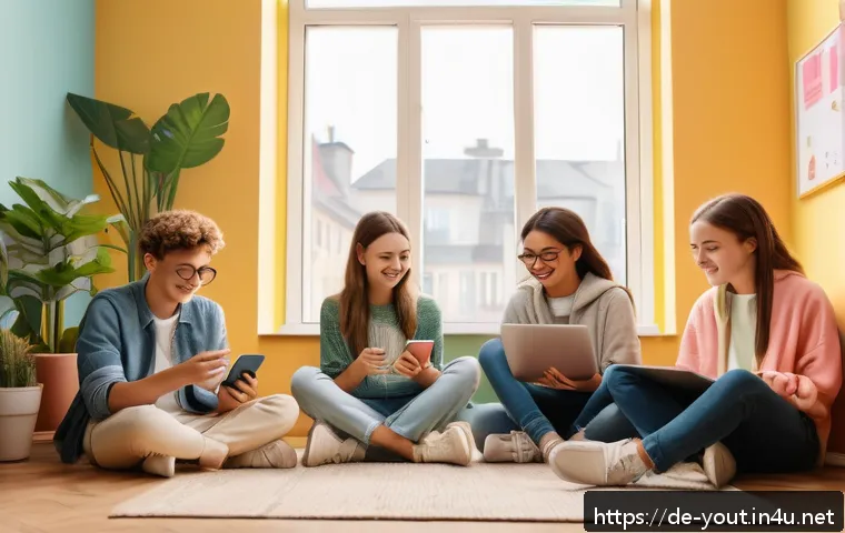 청소년지도사와 비대면 청소년 상담 사례 - A modern digital youth counseling scene showing a diverse group of teenagers engaging with various o...
