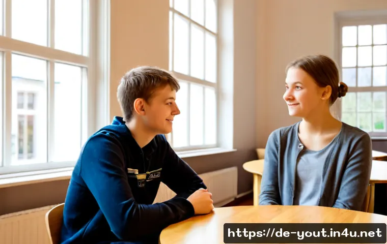 Home 11 청소년지도사와 청소년의 성격 유형별 접근 - Photorealistic youth counseling session in a bright modern German community youth center, friendly m...