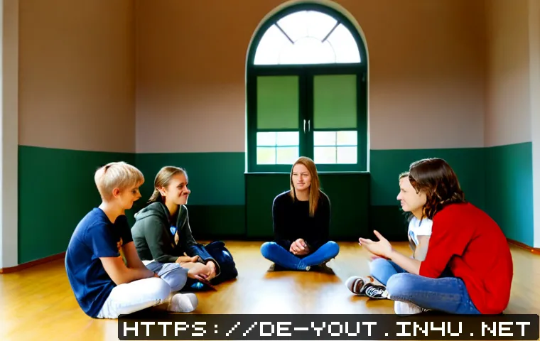 Home 13 청소년지도사로서의 의사소통 능력 키우기 - Photorealistic youth counselor leading a small communication workshop with German teenagers in a bri...